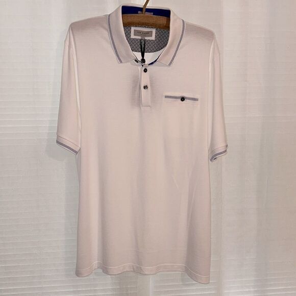 Ted Baker 6/XL White Blue Short Sleeve Cotton Blend Lightweight Polo - Picture 7 of 15